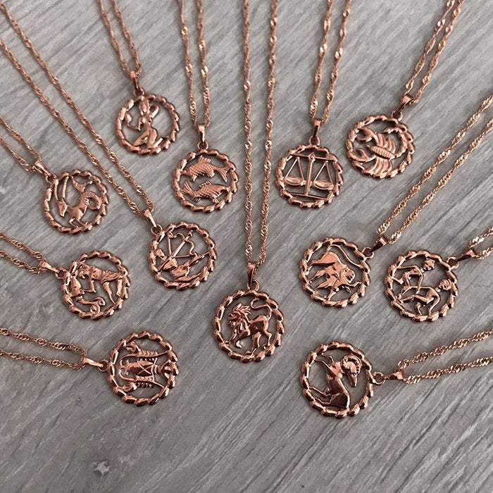 Round Zodiac Constellation Necklace in Rose Gold Copper | Personalized Star Sign Pendant