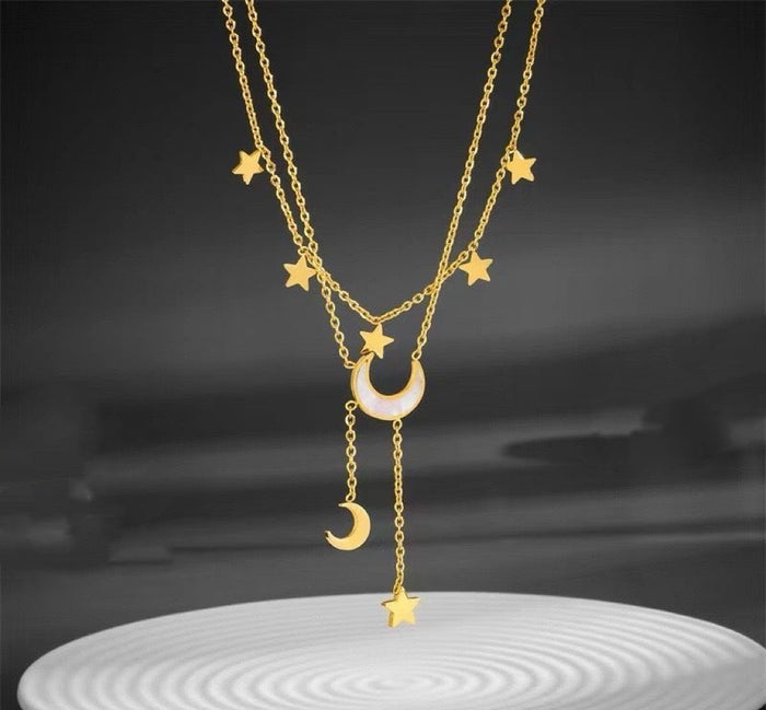Celestial Moon & Stars Necklace – Gold Layered Chain Astrology Jewelry