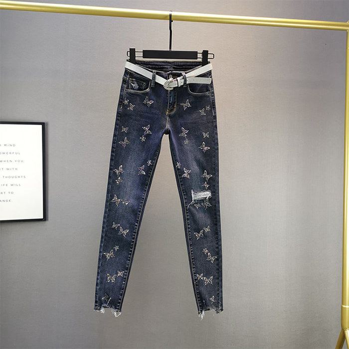Women's High-Waist Rhinestone Pencil Pants – Slimming Stretch Denim