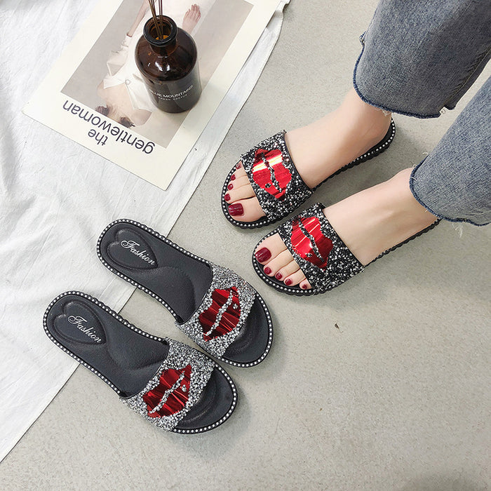 Women's Lip-Shaped Rhinestone Slippers – Novelty Slides