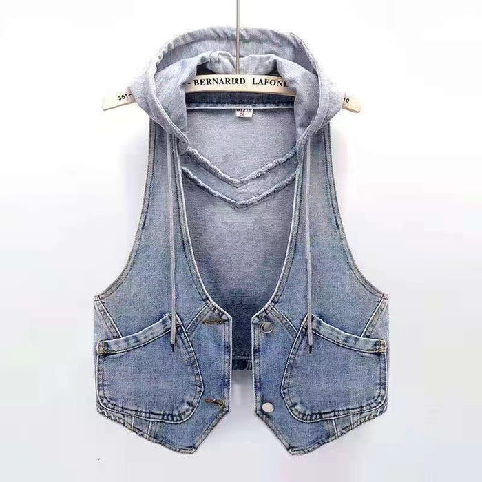 Trendy Korean Denim Vest Jacket – Lightweight Hooded Layering Outerwear for Women