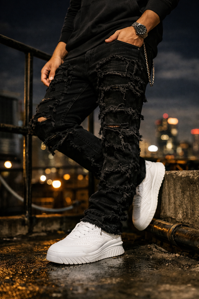 Men’s Bold Stacked Ripped Patch Jeans – Fashionable Streetwear Denim