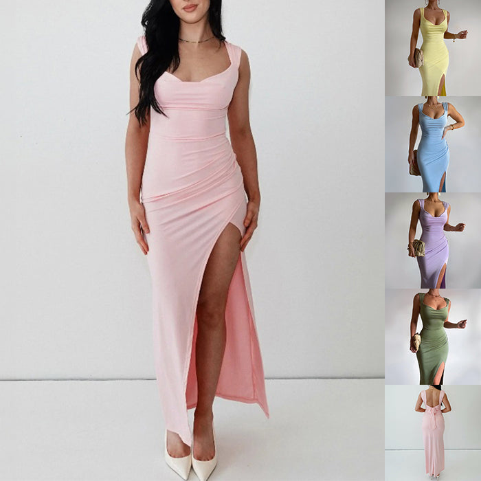 Women's Sleeveless Slit Dress – Slim Fit Back-Tie Summer Party Dress