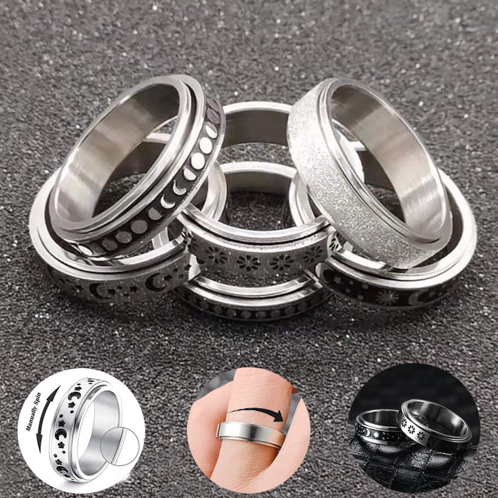 Stainless Steel Spinner Ring – Vintage Moon & Stars Fidget Ring for Stress Relief (Unisex, Rotatable)