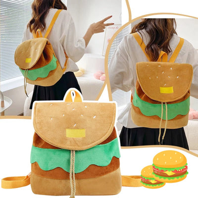 Adorable Hamburger Plush Backpack - Cute Cartoon Burger Coin Purse for Kids & Girls - Soft School Bookbag