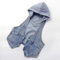 Trendy Korean Denim Vest Jacket – Lightweight Hooded Layering Outerwear for Women