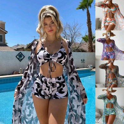 Elegant 3-Piece Floral Swimsuit with Long Sleeve Cardigan - Summer Beach Outfit for Women
