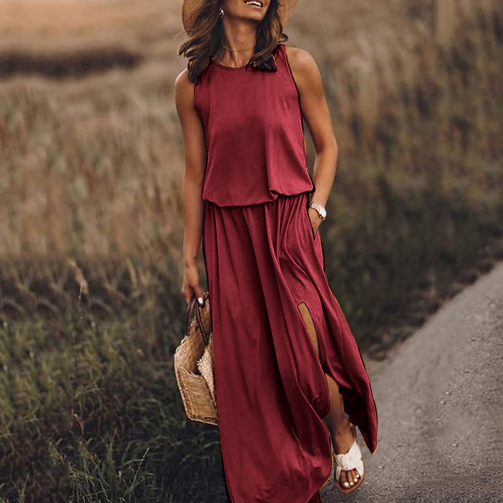 Women Summer Dresses Fashion Side Slit Long Dress With Pockets Vestidos Solid Casual O-Neck Sleeveless A-Line Sundress For Holiday What Else You Got?