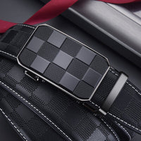 Men's Automatic Buckle Leather Belt - Genuine Cowhide, Elegant Plaid Design