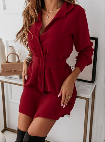 Lapel Long-sleeved Dress With Belt Fashion Elegant Button-down Shirt Dresses For Women What Else You Got?