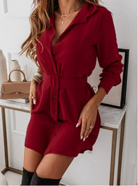 Elegant Lapel Long-Sleeve Belt Dress - Stylish Button-Down Christian Women's Fashion