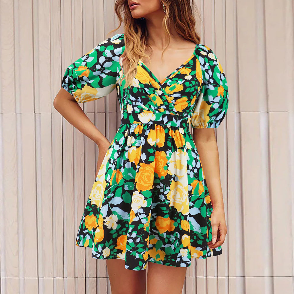 Flowers Print V-Neck Lantern-sleeve Dress Y2K Summer Vacation Beach Short Dresses Fashion Womens Clothing What Else You Got?