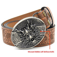 Christian Trendy Belt with Engraved Knife Buckle - Embossed PU Leather Belt for Men