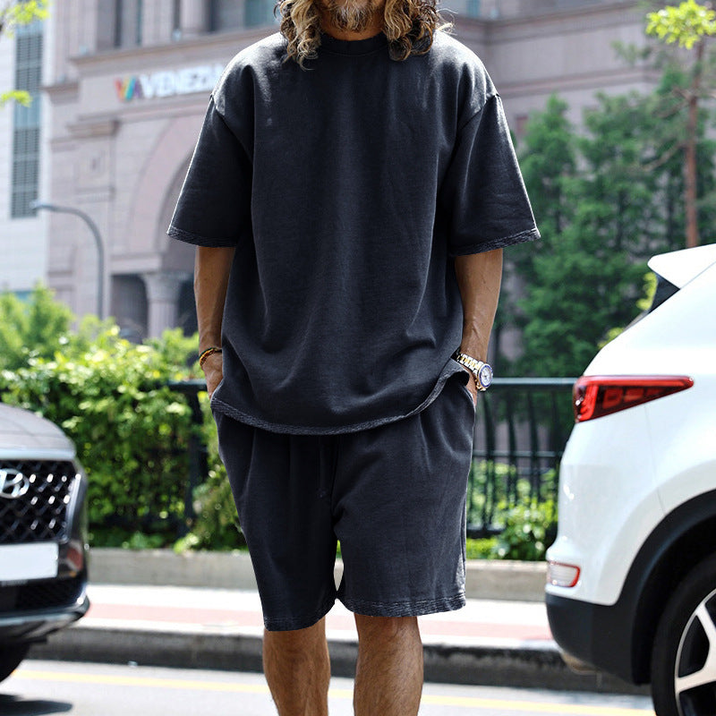 2pcs Loose Sports Suits Summer Round Neck Short-sleeved T-shirt And Drawstring Pockets Shorts Casual Solid Color Set Mens Clothing What Else You Got?