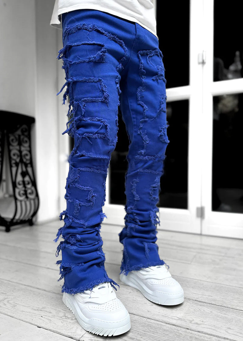 Men’s Stacked Ripped Patch Jeans – INS Fringe Streetwear Slim Fit Trousers What Else You Got?