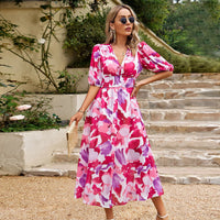 Elegant Seaside Grace Maxi Dress: V-Neck Printed Chiffon for Summer Vacations