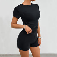 Elegant Christian Activewear: 2-Piece Slim Sports Suit with Round Neck Tee & Elastic Shorts for Summer Workouts