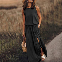 Elegant Women's Summer Dresses - Side Slit A-Line Sundress with Pockets (Solid Casual O-Neck Sleeveless)