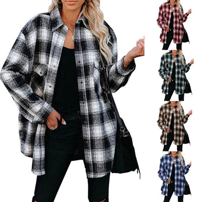 Women's Spring Flannel Shirt | Loose Fit Plaid Blouse with Turndown Collar | Mid-Length Overshirt - Multiple Colors