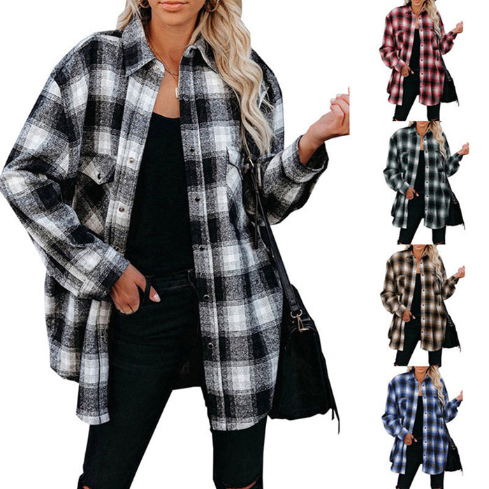 Women's Spring Flannel Shirt | Loose Fit Plaid Blouse with Turndown Collar | Mid-Length Overshirt - Multiple Colors