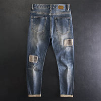 Men's Ripped Patch Jeans – Retro Distressed Straight-Leg Denim