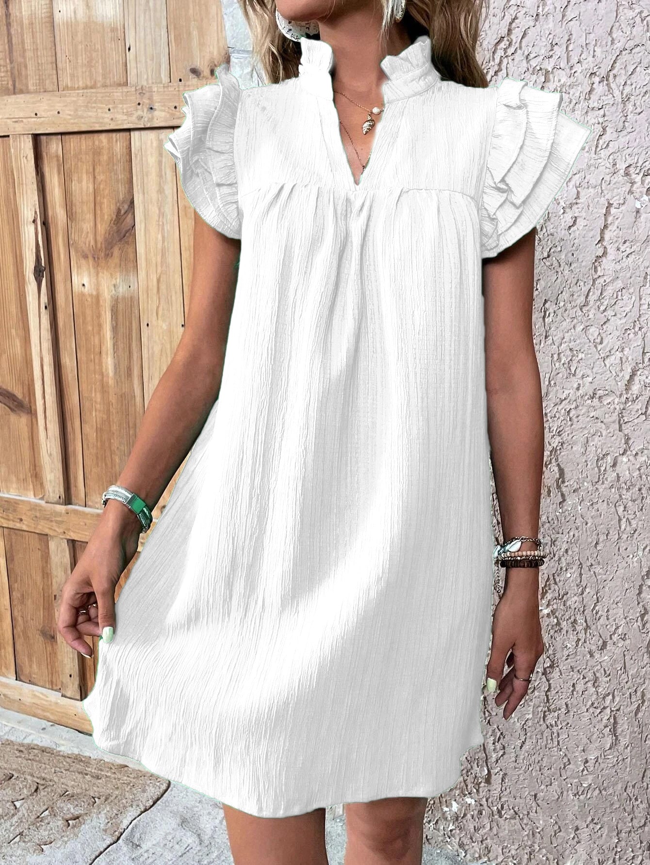 Casual Women's Multi-layer Ruffle Sleeve V-neck Dress Summer Fashion Versatile Multi-layer Lotus Leaf Sleeve V-Neck Pullover Dresses What Else You Got?