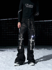 Mens Cross-Design Rhinestone-Embellished Double-Waist Button Denim Jeans