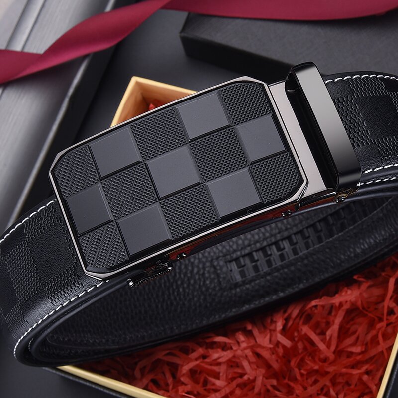 Men's Automatic Buckle Leather Belt - Genuine Cowhide, Elegant Plaid Design