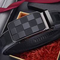 Men's Automatic Buckle Leather Belt - Genuine Cowhide, Elegant Plaid Design