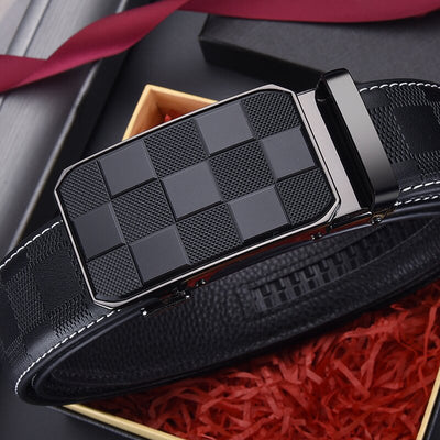 Men's Automatic Buckle Leather Belt - Genuine Cowhide, Elegant Plaid Design