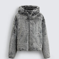 Men's Cozy Hooded Faux Fur Winter Jacket - Warm Tie-Dye Plush Coat in Gray-Green