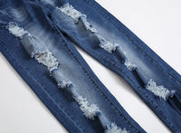Comfortable Slim-Fit Blue Elastic Jeans for Men - Multi-Hole Design, Casual & Stylish