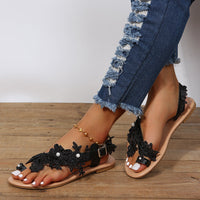 Lace Flower Ankle Strap Sandals – Boho Flat Beach Shoes for Women