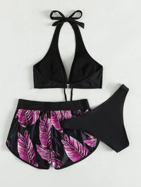 Tropical Leaf Print 3-Piece Bikini Set with Stylish Shorts Cover-Up