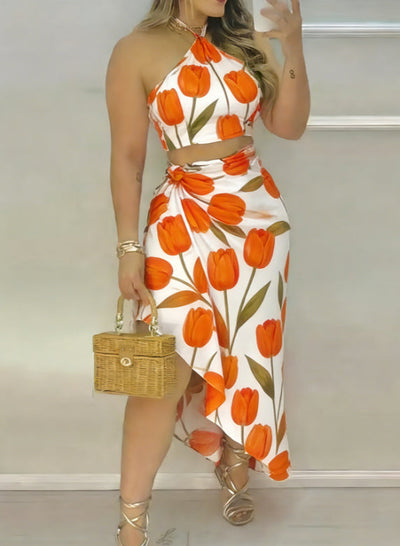 Stunning Tropical Resort Halter Neck Cropped Skirt Suit - Perfect for Beach & Summer