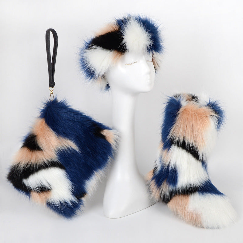 Velvet Padded Plus Size Imitation Fox Fur Fur Women's Snow Boots Three-piece Set What Else You Got?