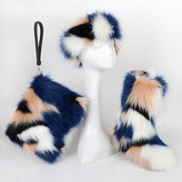 Luxurious Velvet Padded Plus Size Fox Fur Snow Boots Set with Hat & Bag - Warm Winter Fashion for Women