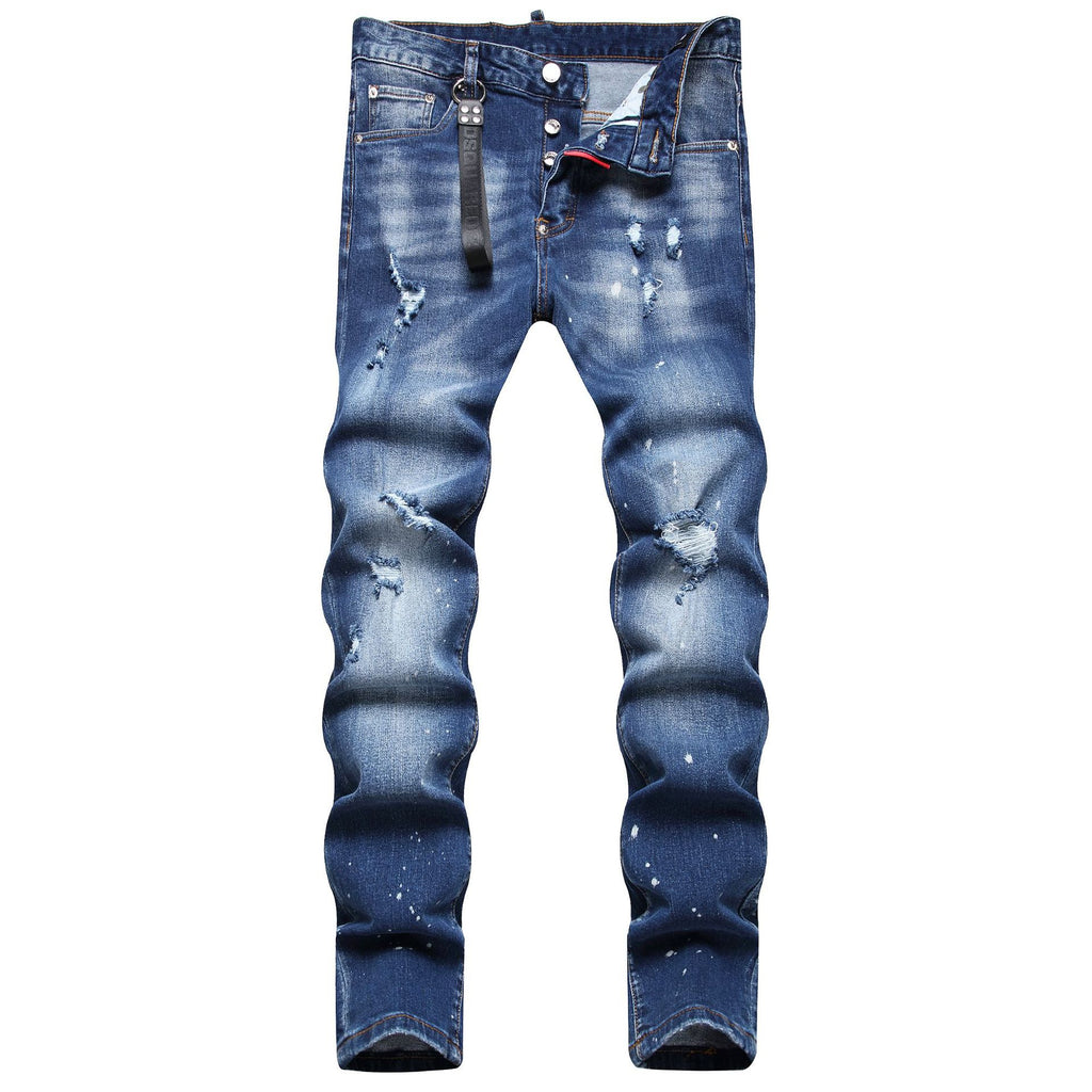 Men’s Ripped Trend Jeans – Blue Denim with Fashion Ornament Detailing (Mid‑Waist, Slim Casual Fit) What Else You Got?