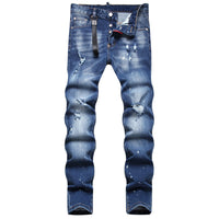 Men’s Stylish Ripped Jeans – Blue Denim with Trendy Ornament Detailing (Mid-Waist, Slim Fit)