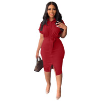 Summer Shirt Dress with Belt – Button-Down Split Hem Midi Dress (S-XXL)
