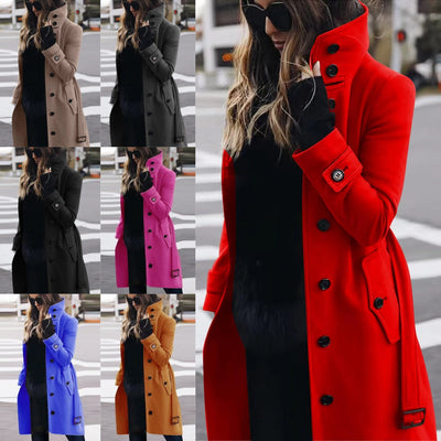 Women’s Medium-Length Casual Coat – Polyester Long-Sleeve Jacket S–2XL