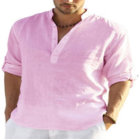 Men's Breathable Linen-Cotton Long Sleeve Shirt - Stand Collar Casual Wear for Spring & Summer