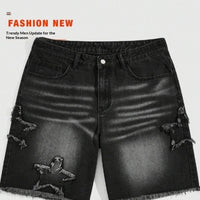 Mens Retro Five-Point Star Denim Cropped Shorts