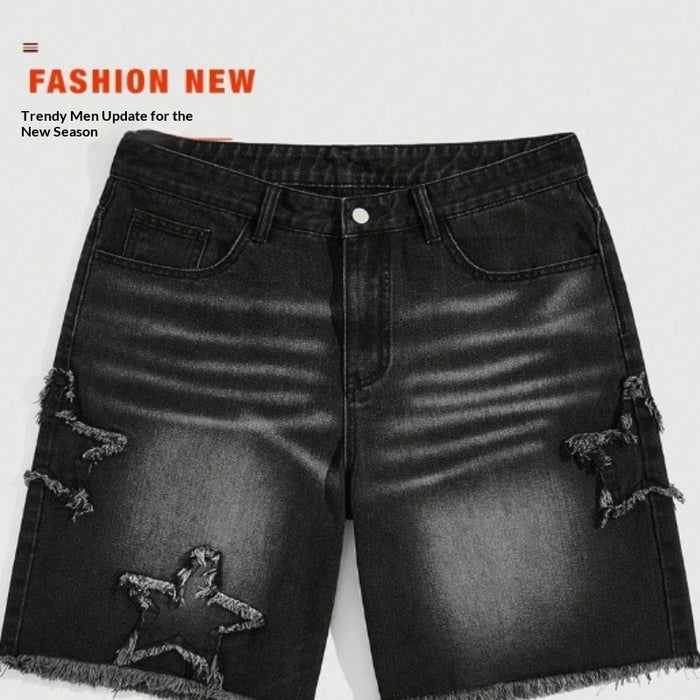 Men's Retro Star Denim Shorts – Cropped Straight-Leg