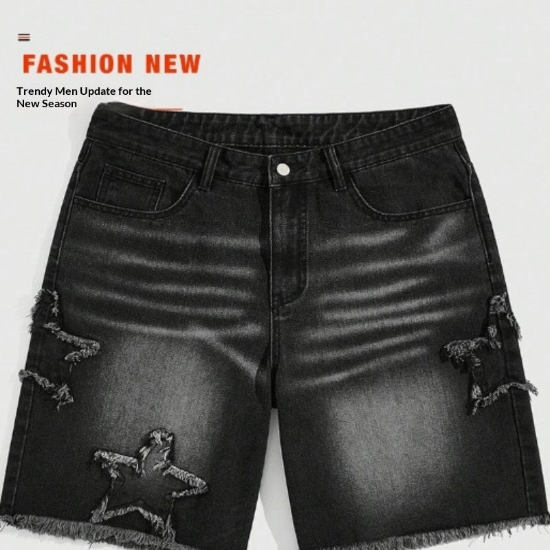 Mens Retro Five-Point Star Denim Cropped Shorts