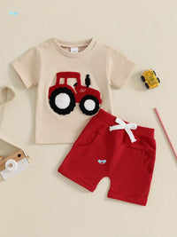 Cute & Comfortable Toddler Boys Summer Outfit with Truck Embroidery - Round Neck Tee & Shorts Set