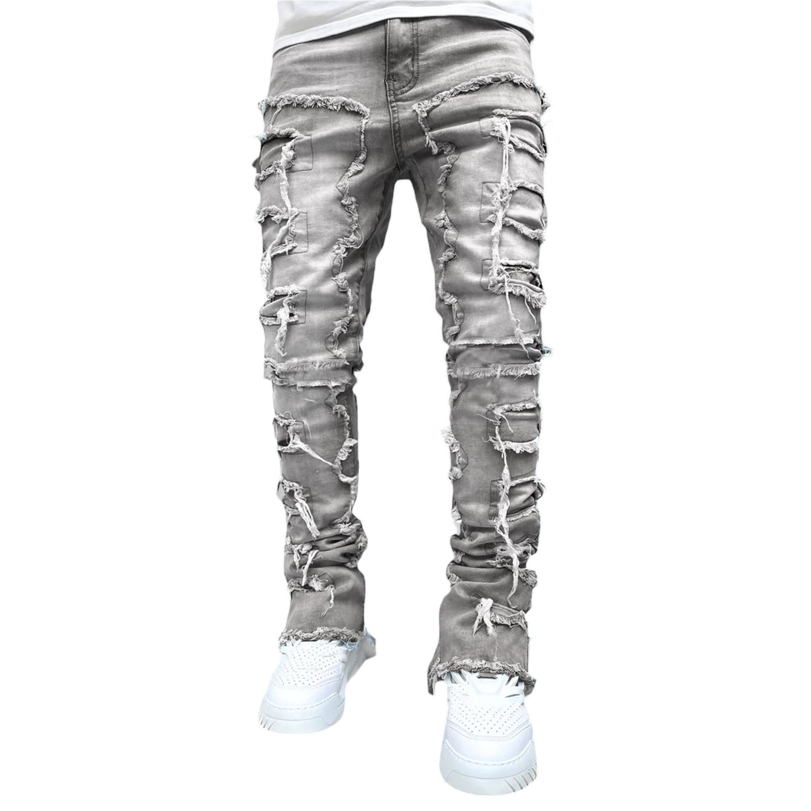 Men’s Stacked Ripped Patch Jeans – INS Fringe Streetwear Slim Fit Trousers What Else You Got?