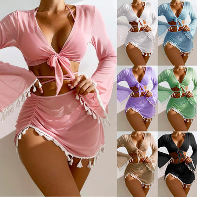 Elegant Modest Swimwear Set with Fringe & Cover-Up - Summer Beach Outfit for Women