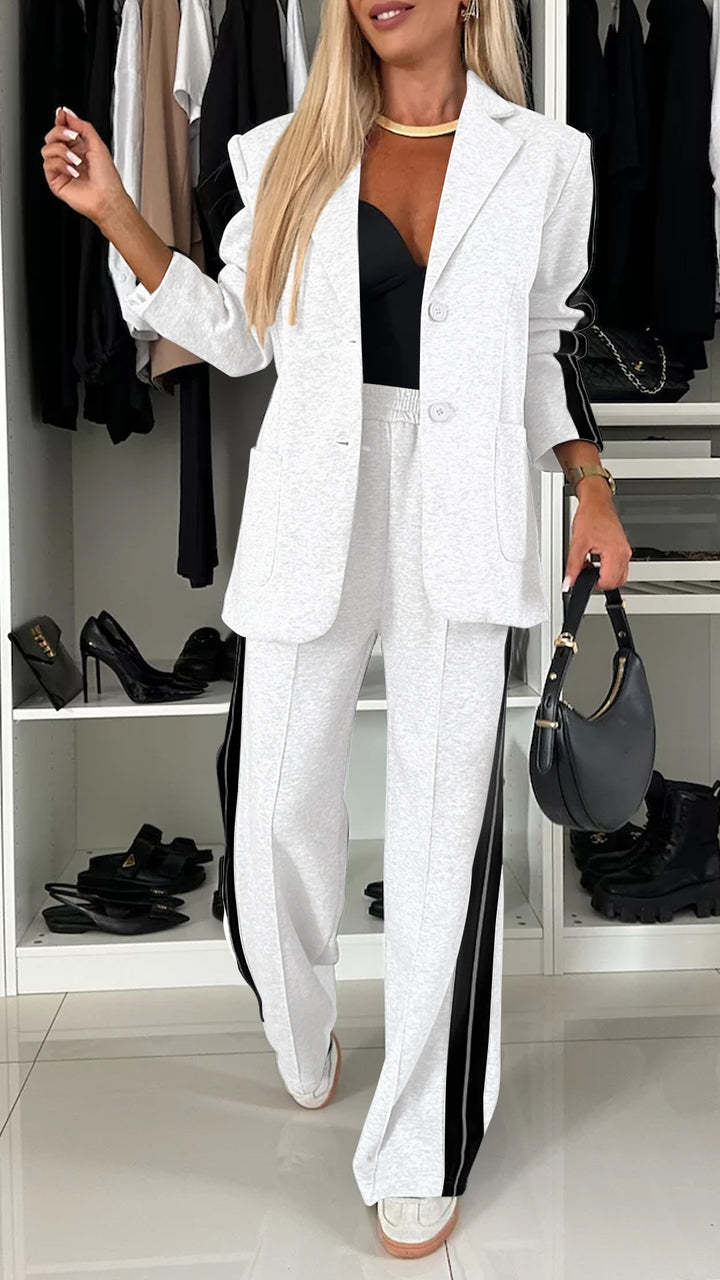 Women's Casual Suit Lapel Single-breasted Jacket And Striped Straight Pants Fashion Sports Trousers Suit Outerwears Clothing What Else You Got?