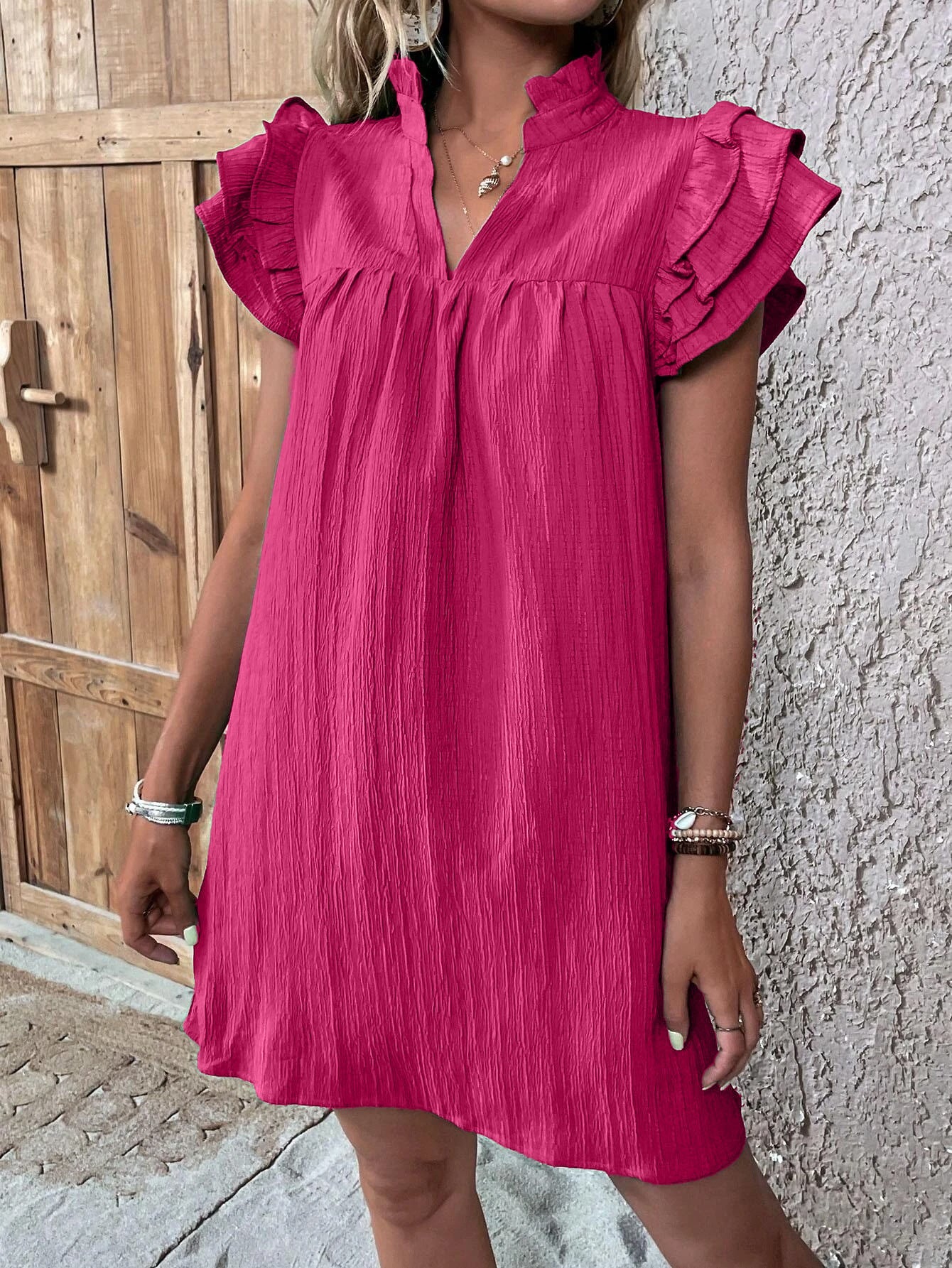 Casual Women's Multi-layer Ruffle Sleeve V-neck Dress Summer Fashion Versatile Multi-layer Lotus Leaf Sleeve V-Neck Pullover Dresses What Else You Got?